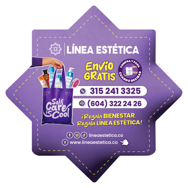 Imán publicitario Línea Estética para domicilios con teléfonos de contacto, productos de belleza y cuidado personal con envío gratis.