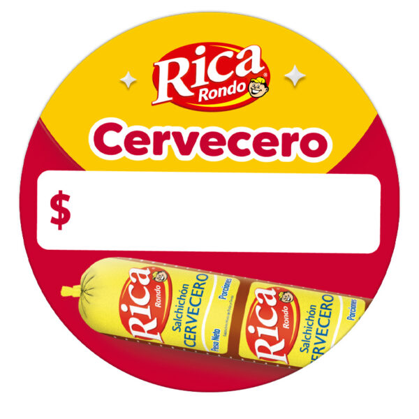 chispa en adhesivo removible circular de la marca Rica Rondo con el texto “Cervecero” y espacio para precio.