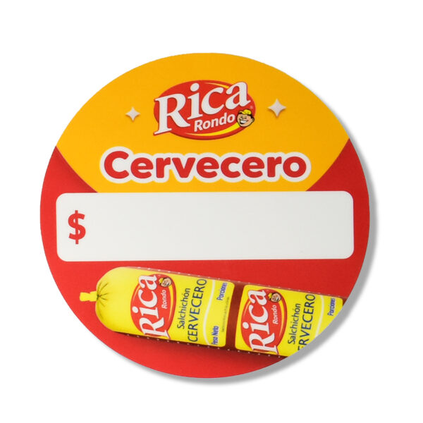 Chispa magnética promocional redonda de Rica Rondo Cervecero con espacio para precio, impresa en colores rojo y amarillo con imagen del salchichón cervecero.