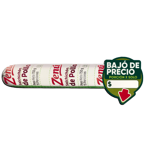 Adhesivo removible para marcar precio de la marca ZENU para salchichón de pollo.