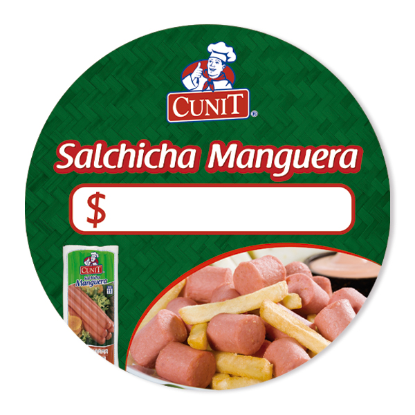 Chispa circular en adhesivo removible de la marca Cunit, diseño verde con imagen del producto Salchicha Manguera y espacio para indicar precio. Material POP ideal para destacar promociones en puntos de venta.