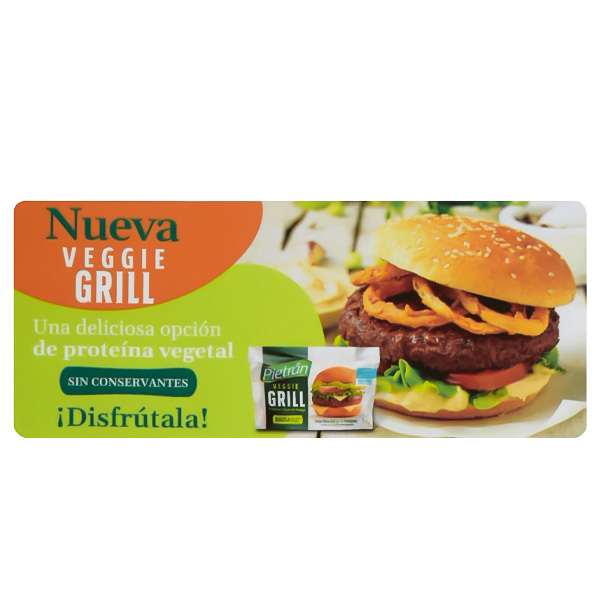 Adhesivo removible publicitario para la marca PIETRAN con la nueva línea veggie grill.