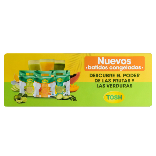 Adhesivo removible publicitario para la marca TOSH con fotos del producto.