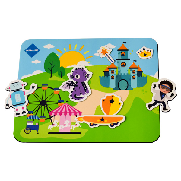 Juego magnético Arma tu cuento con tablero imantado y fichas de personajes y escenarios para crear historias.