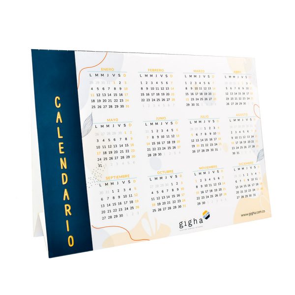 Calendario de escritorio de la marca gigha con fondo decorativo de flores y ondas.