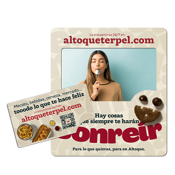 Portarretratos magnético para la marca altoqueterpel, con mensaje publicitario.