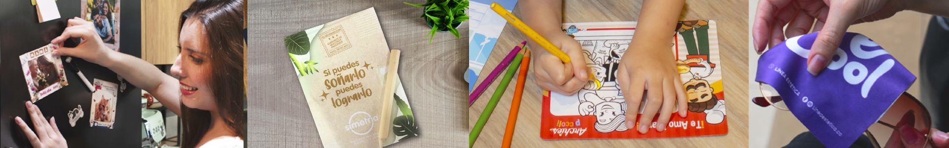Banner con variedad de regalos corporativos personalizados de Simetría SAS: portarretratos magnéticos, portamemos ecológico con lápiz, imán para colorear infantil y paño en microfibra para limpieza de gafas o dispositivos. Productos ideales para campañas publicitarias y fidelización de marca.