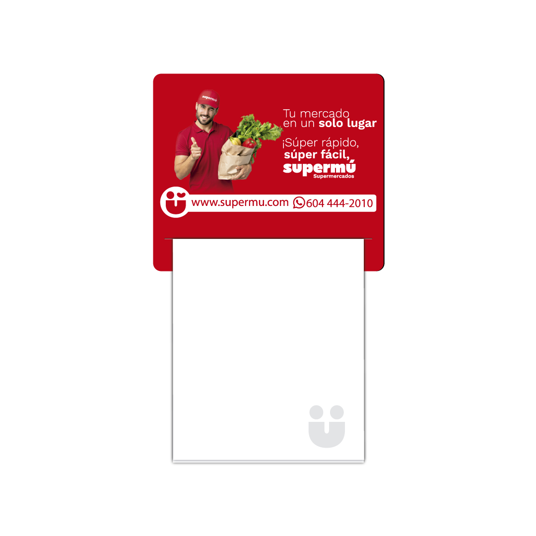 Portamemo magnético de la marca Supermú con datos de contacto.