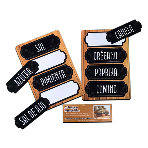 Adhesivos removibles decorativos para marcar tarros con nombre de especias.