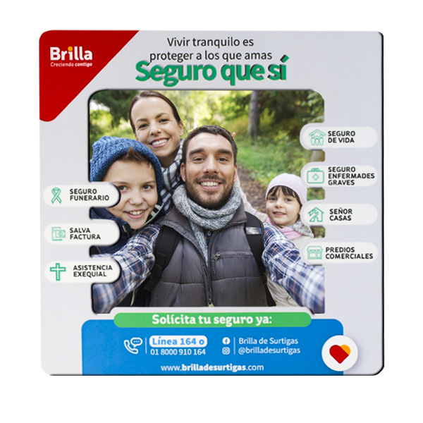 Portarretrato magnético con consejos de la marca brilla con información de contacto y redes sociales.