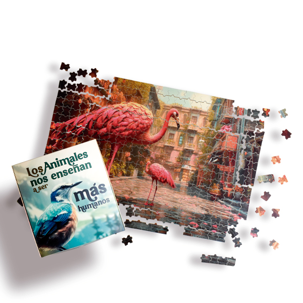 Rompecabezas ecológico personalizado con diferentes motivos (elefante, gacela, flamenco, jirafa y buho).Mensaje “Los animales nos enseñan a ser más humanos”, fabricado con materiales sostenibles. Ideal como regalo corporativo o pieza promocional que refuerza valores de conciencia ambiental y conexión con la naturaleza.