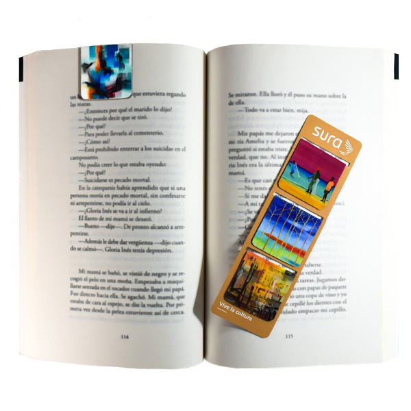 Separadores de libro para el grupo SURA con diseños de obras de arte.