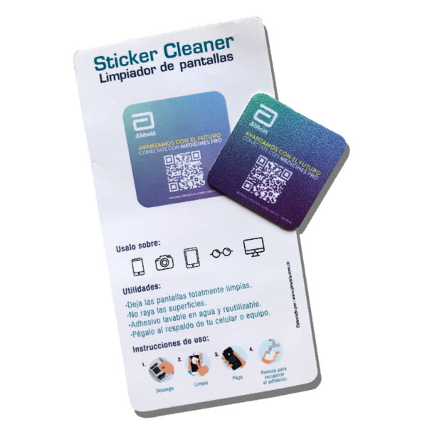 Sticker cleaner promocional ABBOT para limpieza de pantallas y dispositivos electrónicos.