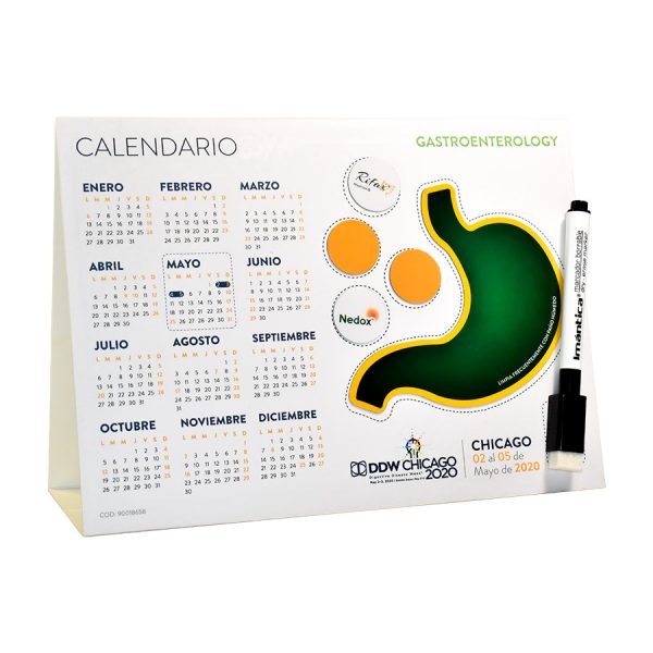 Calendario de escritorio promocional de gastroenterología con fichas magnéticas en forma de estómago y círculos, incluye marcador, evento DDW Chicago 2020.