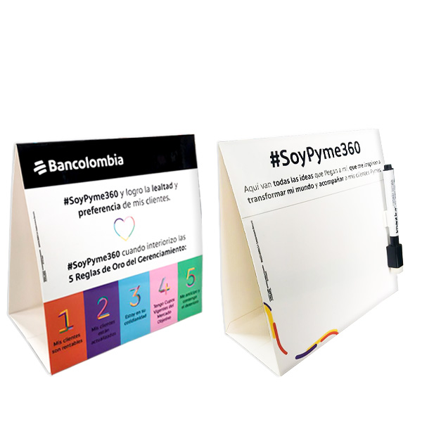 Planeador de escritorio por lado y lado de bancolombia con diseño empresarial como regalo corporativo.