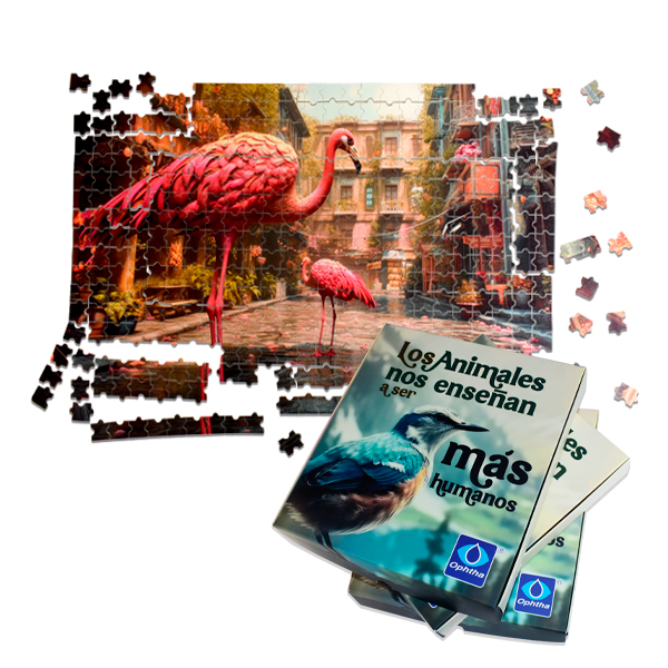 Rompecabezas ecológico personalizado con diferentes motivos (elefante, gacela, flamenco, jirafa y buho).Mensaje “Los animales nos enseñan a ser más humanos”, fabricado con materiales sostenibles. Ideal como regalo corporativo o pieza promocional que refuerza valores de conciencia ambiental y conexión con la naturaleza.