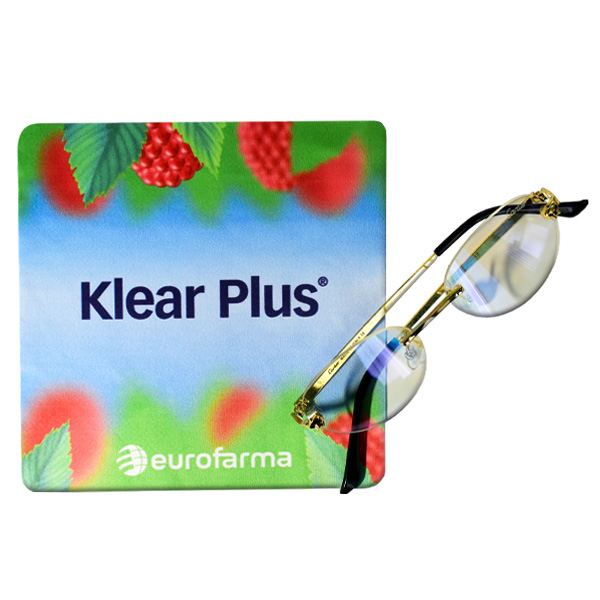 Paño de microfibra con motivo de frutas con la marca eurofarma, para cuidar de dispositivos electrónicos.