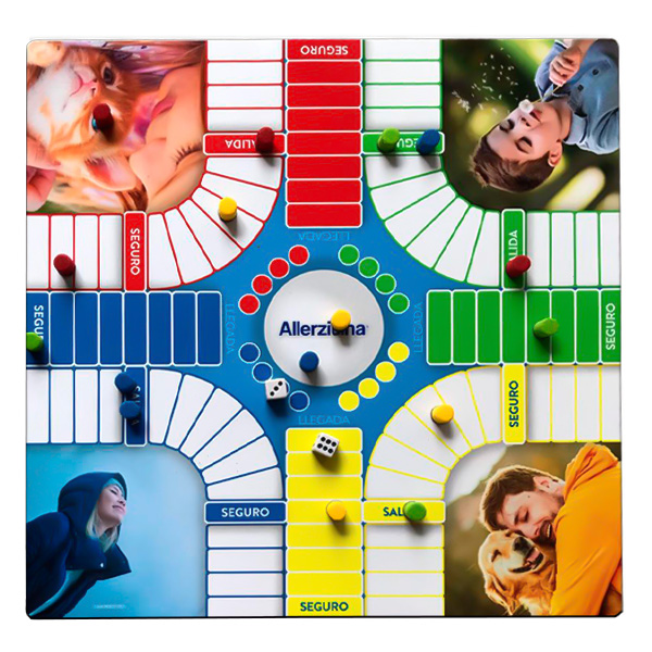 Juegos de mesa imantados, parqués magnético personalizado con diseño de la marca Alergiza y fotos a color en las esquinas.