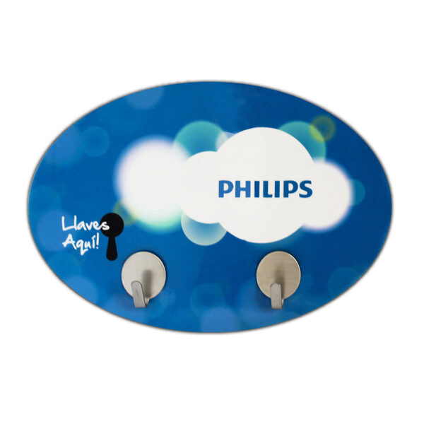 perchero magnético de la marca PHILIPS con el mensaje de "llaves aquí".