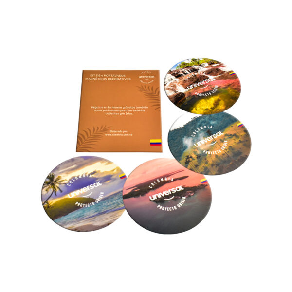 Portavasos magnéticos redondos con paisajes de Colombia para la marca UNIVERSAL.
