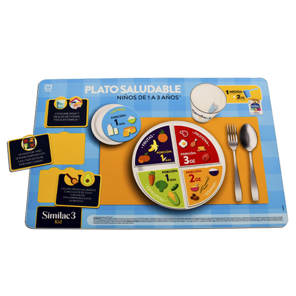 Tablero imantado interactivo sobre platos saludables para niños de 1 a 3 años con fichas magnéticas.