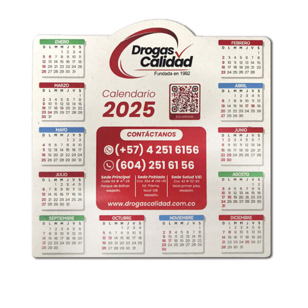 Calendario magnético en material ecológico de la marca drogas calidad.