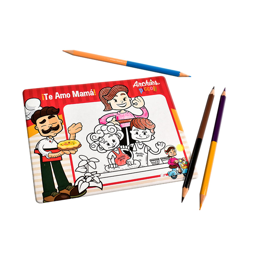 Imán para colorear de la marca Archies con motivo de niños haciendo pizza.