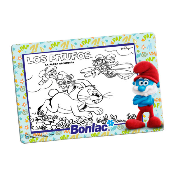Imán para colorear de Los Pitufos con personaje de Papá Pitufo y logo de Bonlac.