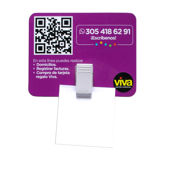 Imán con clip plástico de la marca VIVA y QR para realizar domicilios y organizar tus notas.