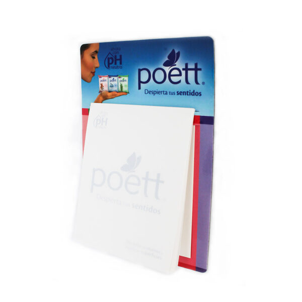 Portamemos magnético con taco de hojas para la marca poet con mensaje de "despierta tus sentidos.