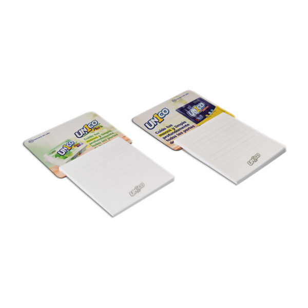 Portamemos magnético con diseño personalizado de la marca UN1CO con taco de hojas.