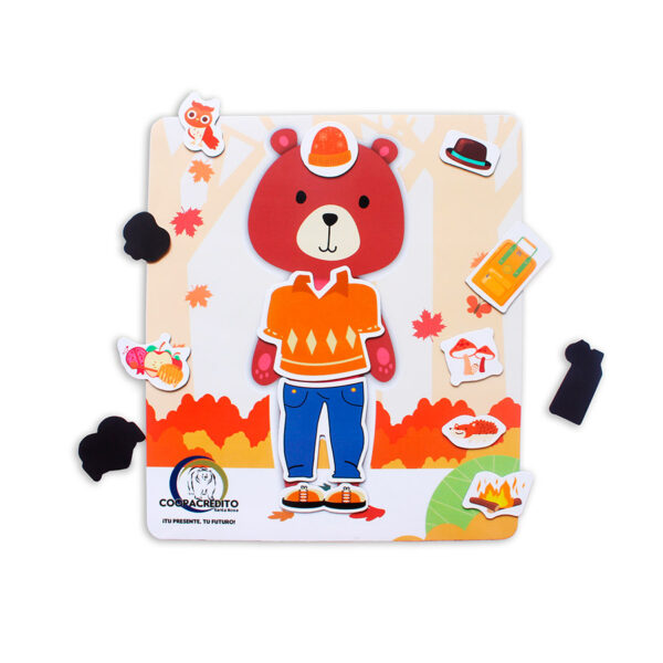 Juego magnético Arma tu cuento de osito en otoño con tablero imantado y fichas intercambiables para vestir y crear historias.