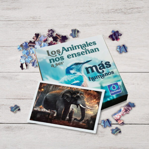 Rompecabezas ecológico personalizado con diferentes motivos (elefante, gacela, flamenco, jirafa y buho).Mensaje “Los animales nos enseñan a ser más humanos”, fabricado con materiales sostenibles. Ideal como regalo corporativo o pieza promocional que refuerza valores de conciencia ambiental y conexión con la naturaleza.