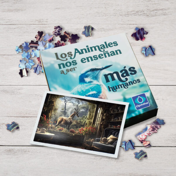 Rompecabezas ecológico personalizado con diferentes motivos (elefante, gacela, flamenco, jirafa y buho).Mensaje “Los animales nos enseñan a ser más humanos”, fabricado con materiales sostenibles. Ideal como regalo corporativo o pieza promocional que refuerza valores de conciencia ambiental y conexión con la naturaleza.