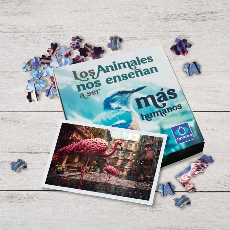 Rompecabezas ecológico personalizado con mensaje “Los animales nos enseñan a ser más humanos”, fabricado con materiales sostenibles. Ideal como regalo corporativo o pieza promocional que refuerza valores de conciencia ambiental y conexión con la naturaleza.